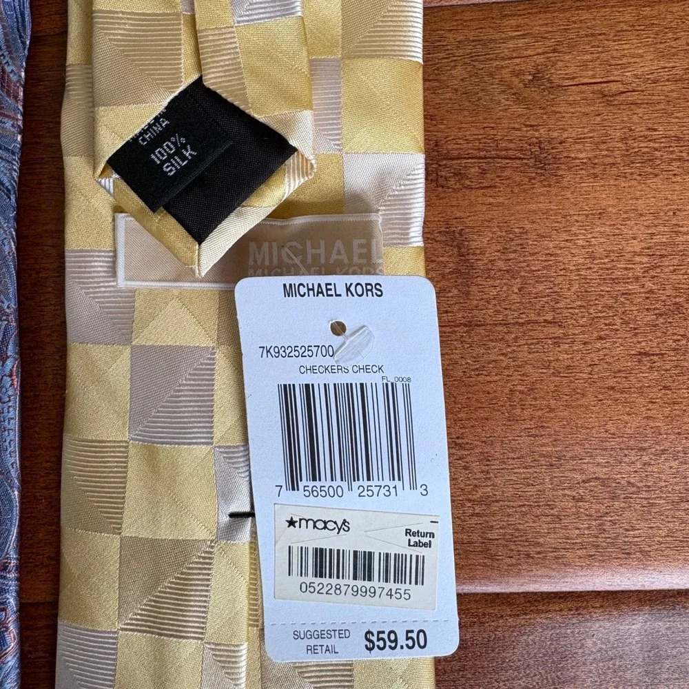 Michael Kors Paisley Checkered Silk Tie Set Mens O/S Blue Yellow